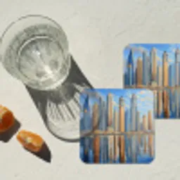 Skyline - Wolkenkrabbers - Water - Blauw onderzetter kurk middel -sfeer4