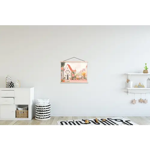 Bloemen - Huizen - Dorp textielposter latten blank klein -kinderkamer