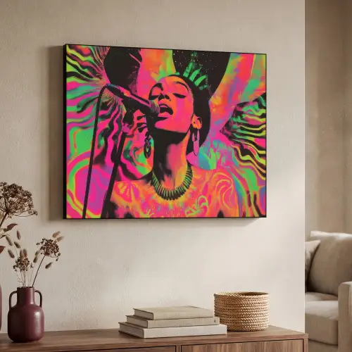 Vrouw - Microfoon - Neon Textielframe zwart klein -sfeer3