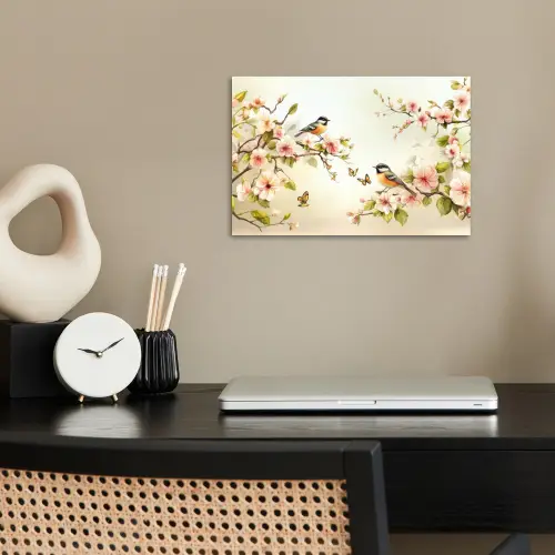 Takken - Bloemen - Vogeltjes - Roze poster papier klein -sfeer1