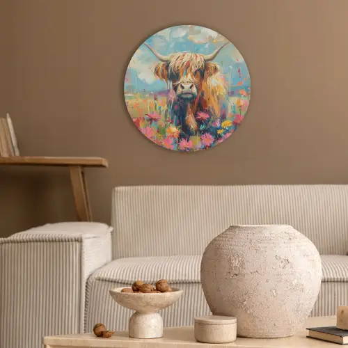 Schotse hooglander - Natuur - Kleurrijk - Bloemen Akoestische PET Vilt - Rond klein -sfeer1