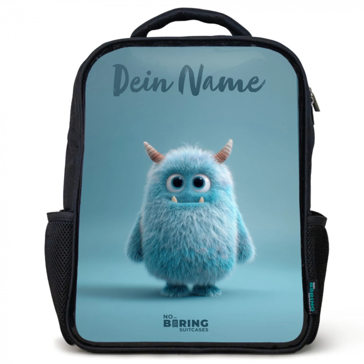 Blauw pluizig monster met hoorns Rugzak - Zwart middel -3d