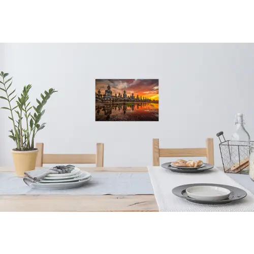 Boeddha beelden - Zonsondergang - Water - Boeddhisme Muursticker klein -eettafel