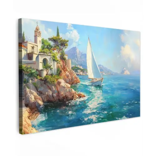 Zeilboot - Rotsen - Kust - Huizen Tuinposter op houten frame 2 cm dik klein -3d
