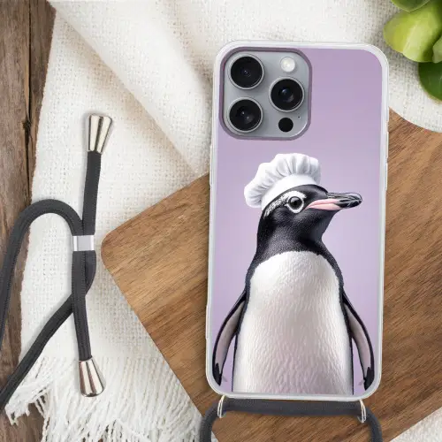 Pinguïn - Koksmuts - Lief - Paars Hoesje iPhone 16 Pro Max met koord klein -sfeer4