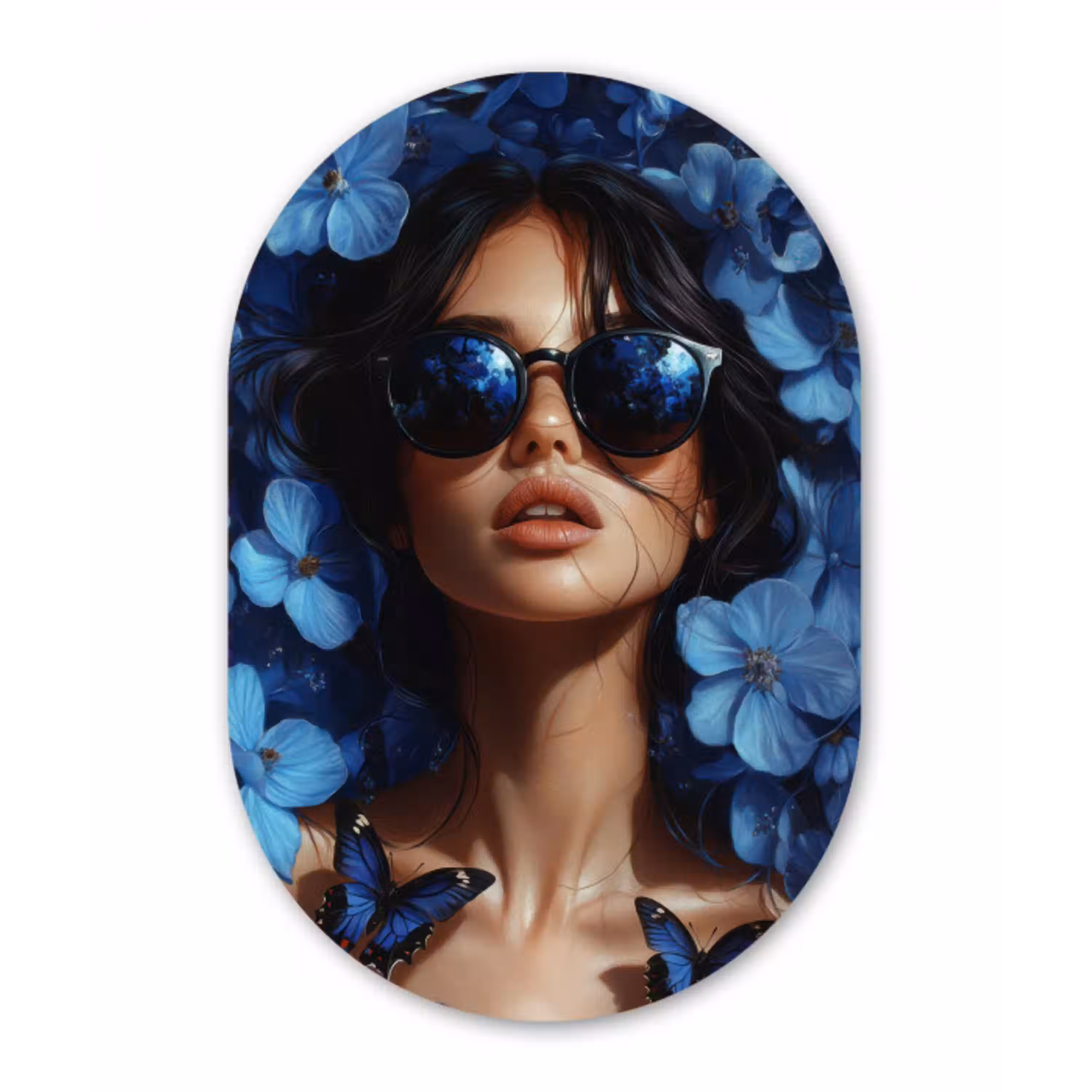 Vrouw - Blauw - Bloemen - Vlinders - Natuur Wandcirkel Ovaal Glas middel -3d