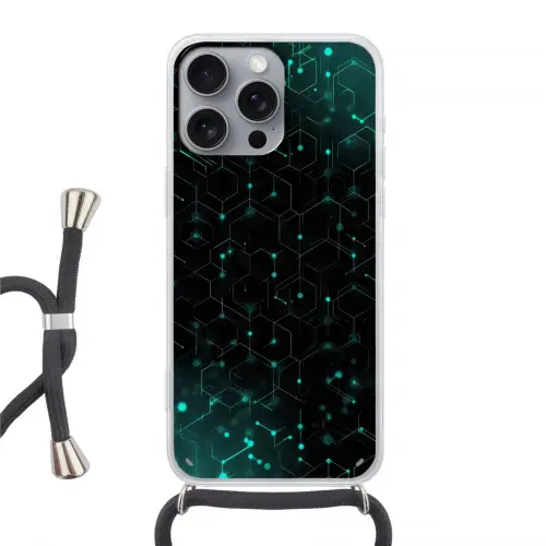 Gaming - Netwerk - Blauw - Punten - Patroon Hoesje iPhone 16 Pro Max met koord klein -3d