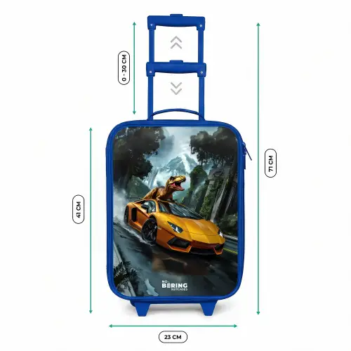 T-Rex op oranje sportauto in regenachtig woud Kinderkoffer - Blauw klein -productfoto_formaten