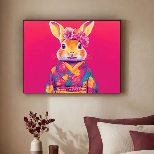 Konijn - Bloemen - Kleurrijk - Kimono Textielframe zwart klein -sfeer1