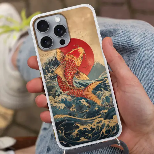 Koi - Zee - Golven - Zon Hoesje iPhone 16 Pro Max met koord klein -sfeer3