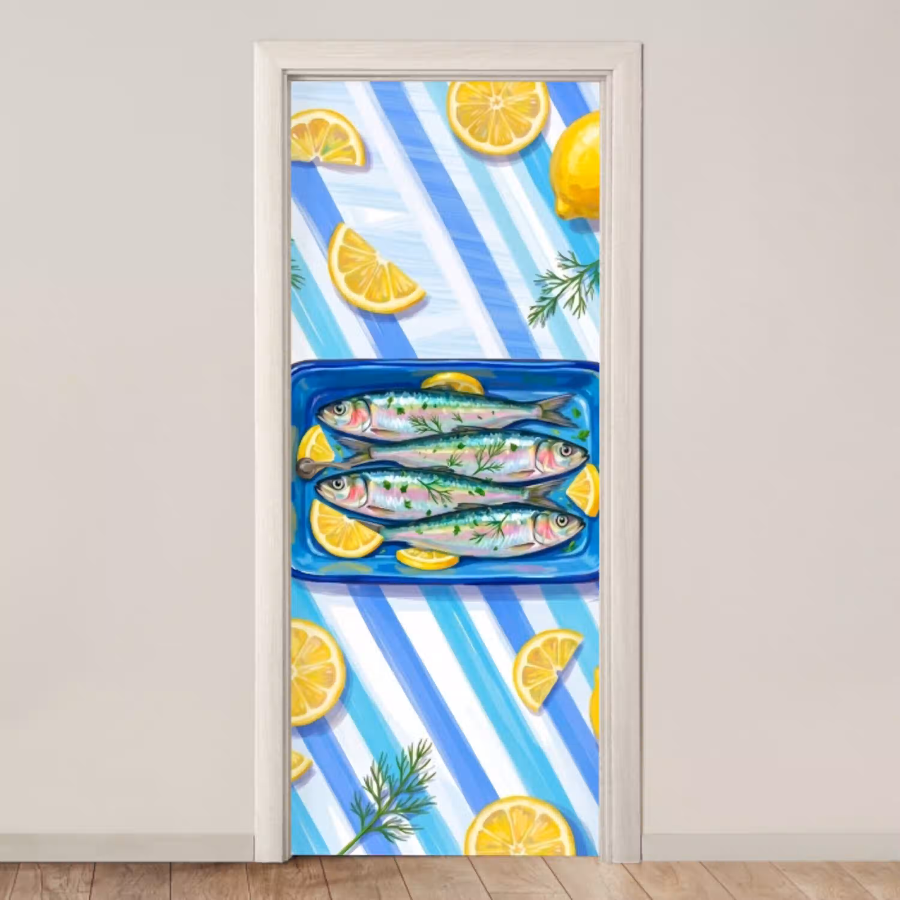 Vis - Citroen - Kruiden - Eten - Blauw deurposter klein -3d_beige
