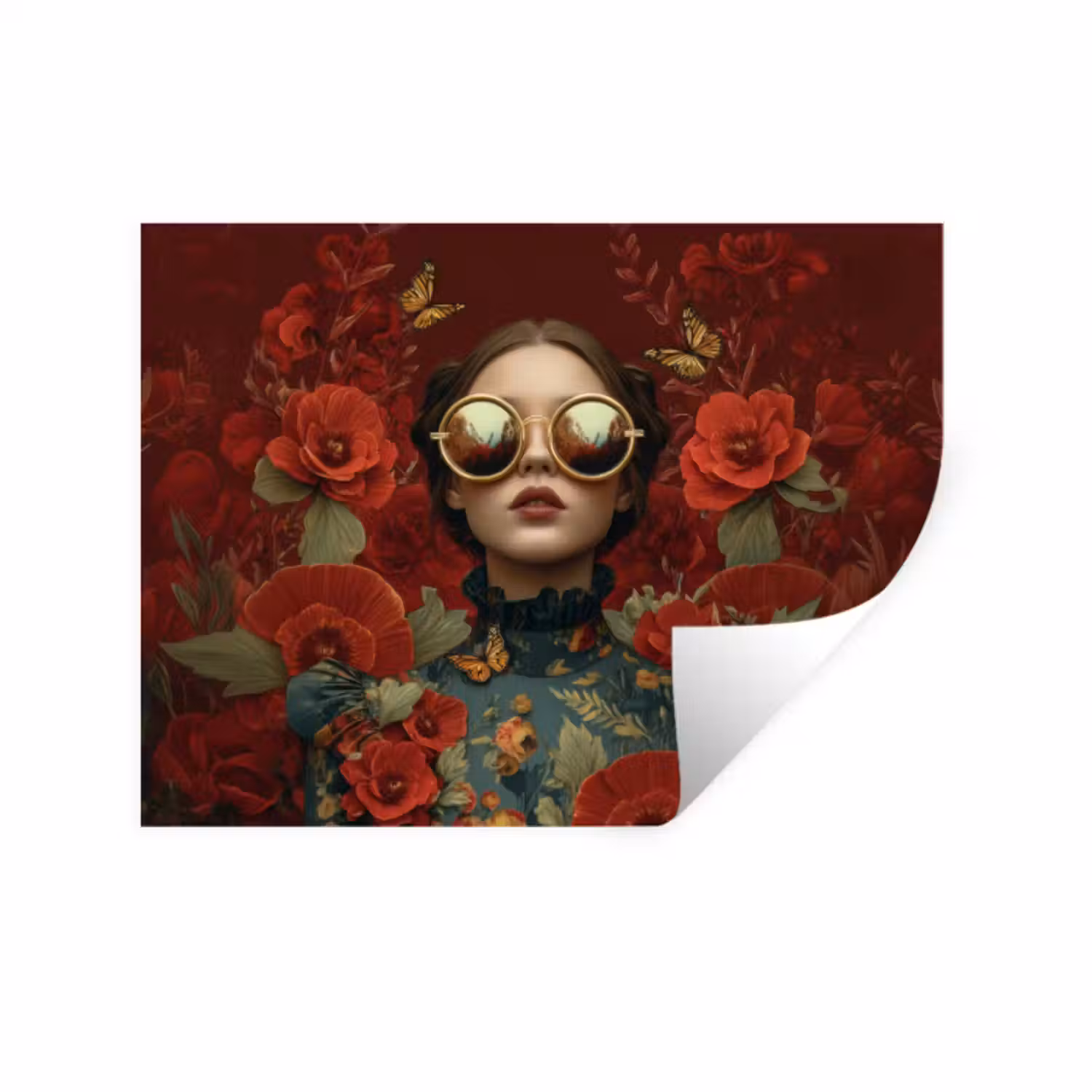 Muursticker - Bloemen - Dieprood - Zonnebril - Vrouw