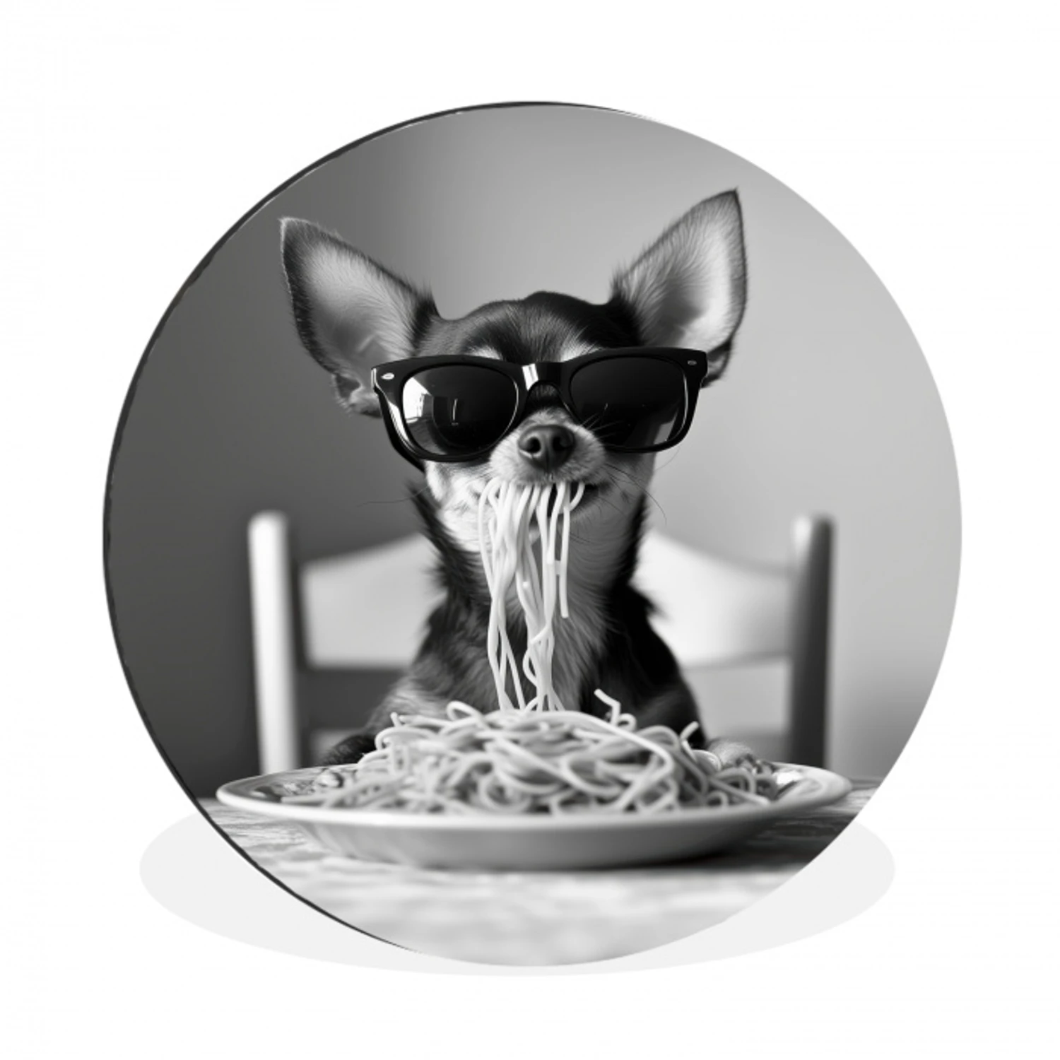 Chihuahua - Hond - Zonnebril - Humoristisch - Zwart - Wit - Spaghetti Wandcirkel aluminium klein -3d
