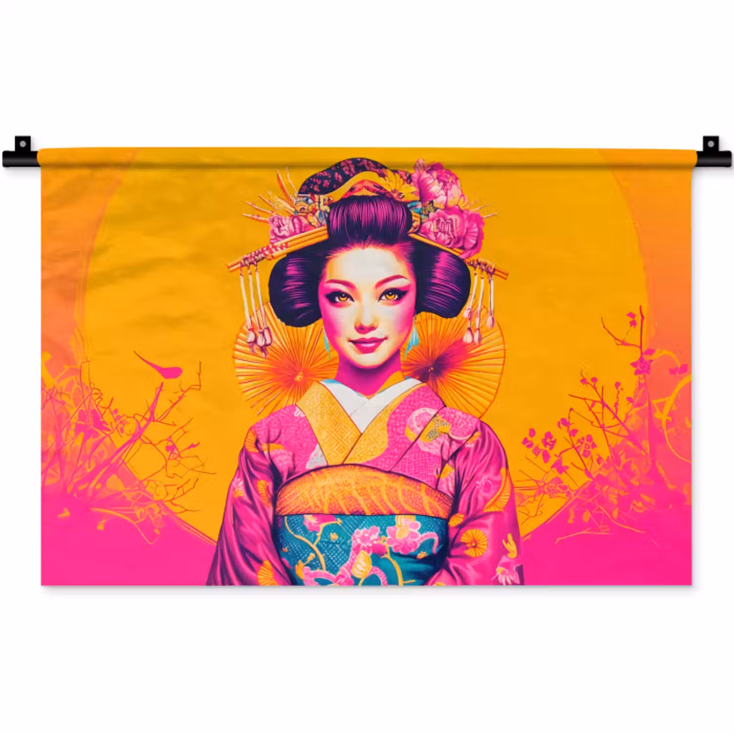 Wandkleed - Bloemen - Vrouw - Kimono - Roze