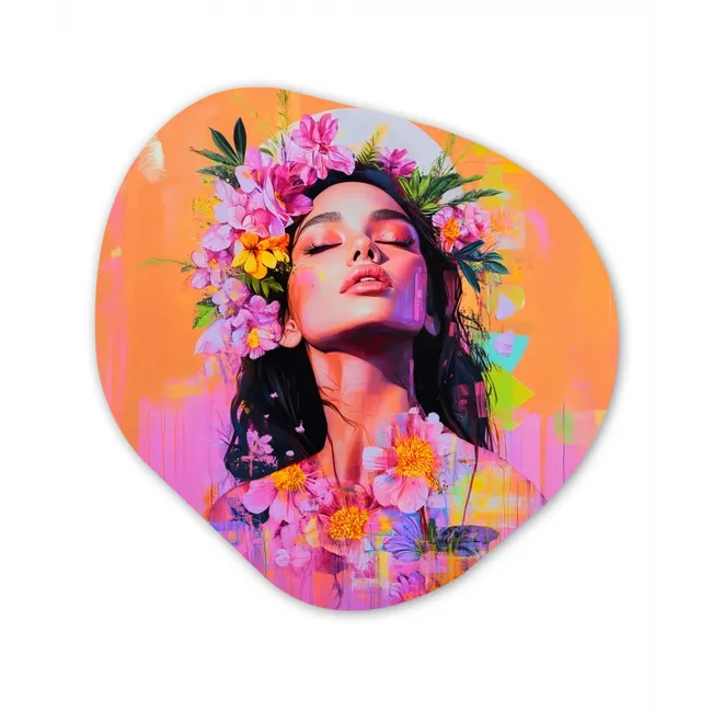 Portret - Bloemenkroon - Vrouw Wandcirkel Organisch Forex 3mm klein -3d