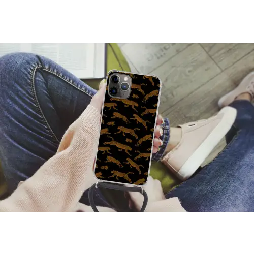 Panters - Patroon - Dieren - Zwart - Bruin Hoesje iPhone 12 Pro met koord klein -hand