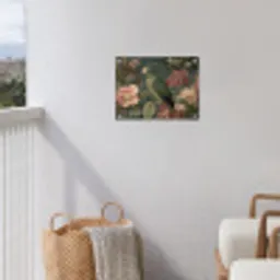 Groene papegaai - Kleurrijke bloemen - Donkere achtergrond tuinposter los doek klein -sfeer8