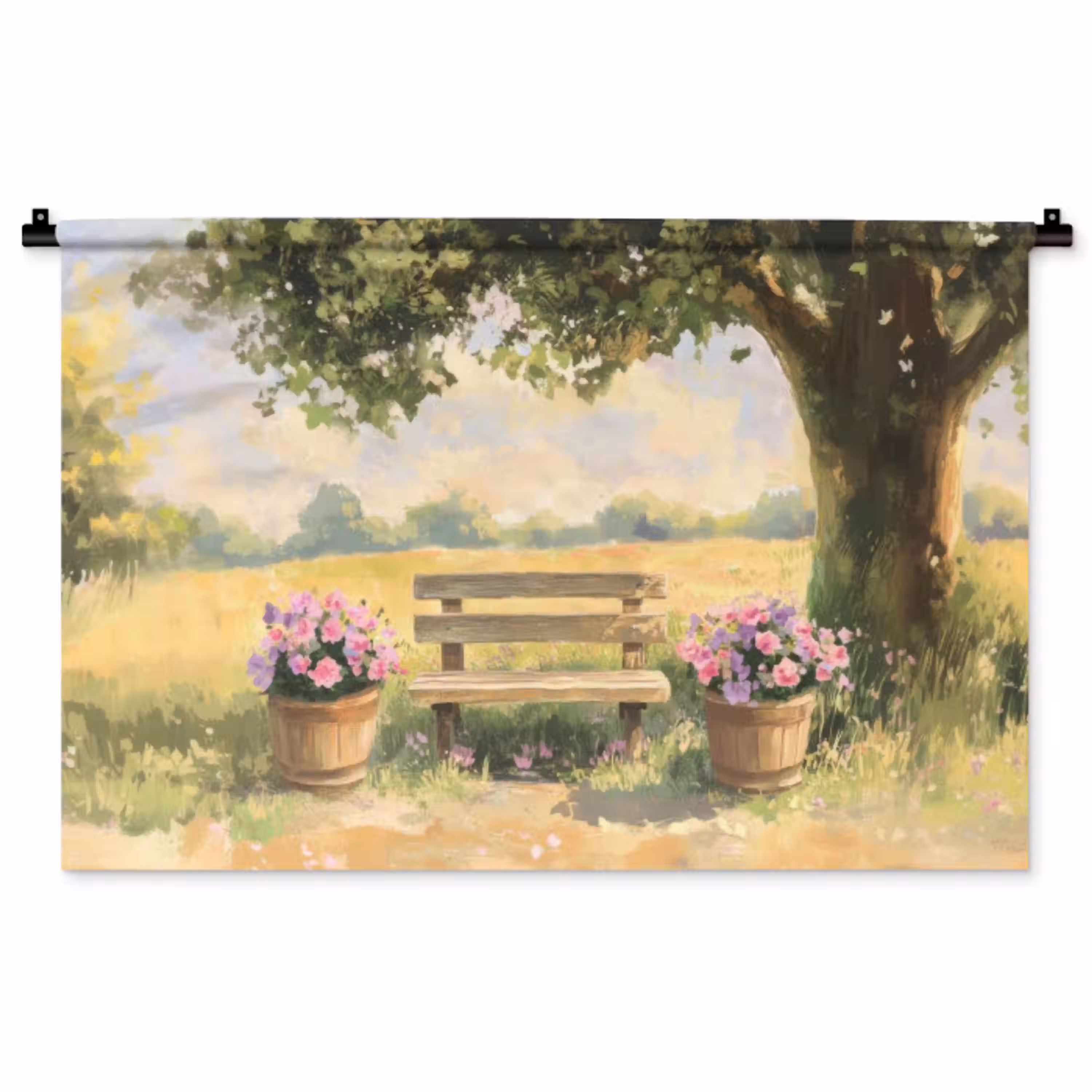 Houten bankje - Bloempotten - Landschap Wandkleed katoen middel -zz3d