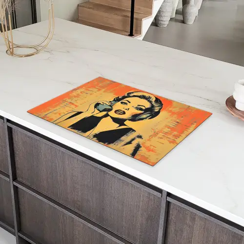 Retro - Vrouw - Koptelefoon - Oranje Inductie beschermer vinyl 3mm klein -sfeer8