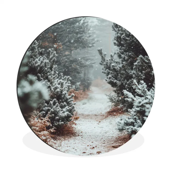 Bos - Winter - Bomen - Natuur - Pad - Sneeuw Wandcirkel aluminium klein -3d