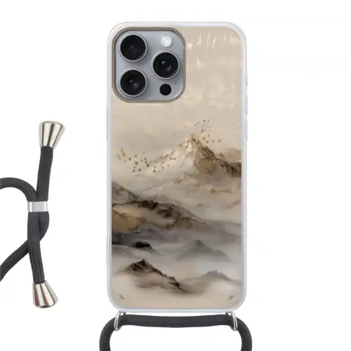 Berglandschap - Mist  - Penseelstreken Hoesje iPhone 16 Pro Max met koord klein -3d