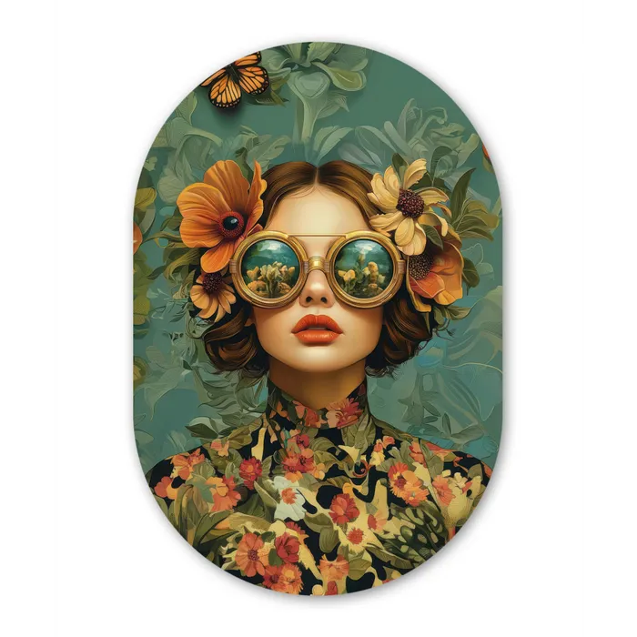Vrouw - Bloemen - Vlinders - Natuur - Vintage Wandcirkel Ovaal Glas middel -3d