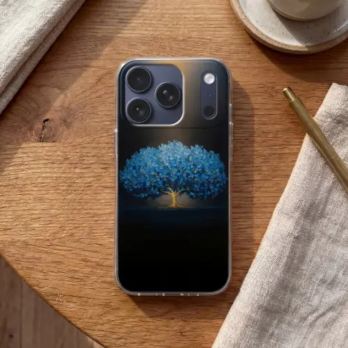Boom - Blauw - Bladeren - Penseelstreken Telefoonhoesje iPhone 17 Pro klein -sfeer1