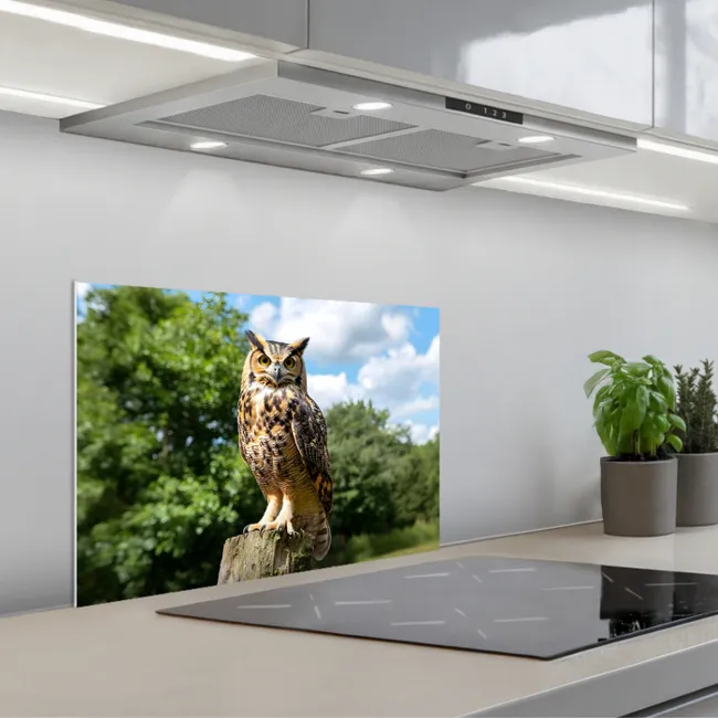 Uil - Boomstronk - Bos - Lucht keuken achterwand spatscherm klein -3d_schuin