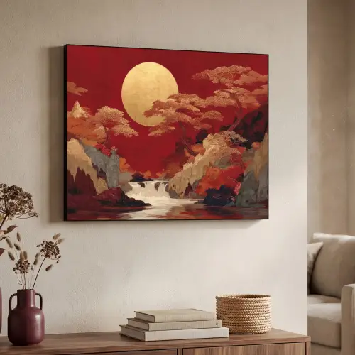Volle maan - Landschap - Waterval Textielframe zwart klein -sfeer3
