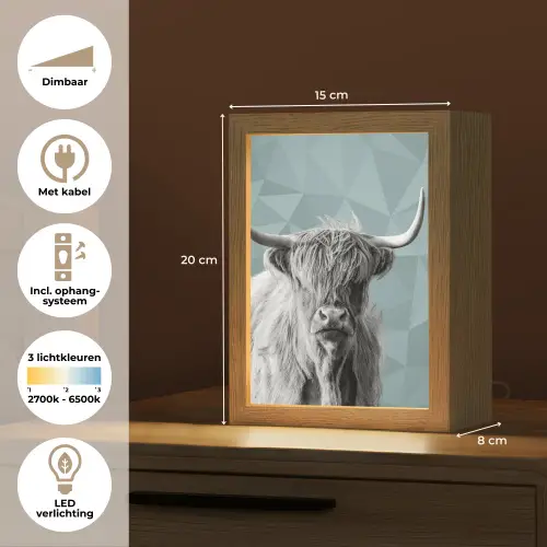 Schotse hooglander - Zwart wit - Patroon - Driehoek Light Box met kabel (Tafellamp) klein -USP_NL