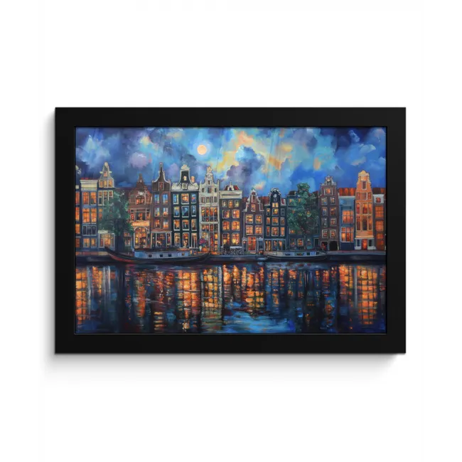 Grachten Amsterdam - Huizen - Stad - Kleurrijk fotolijst zwart zonder passe partout klein -3d