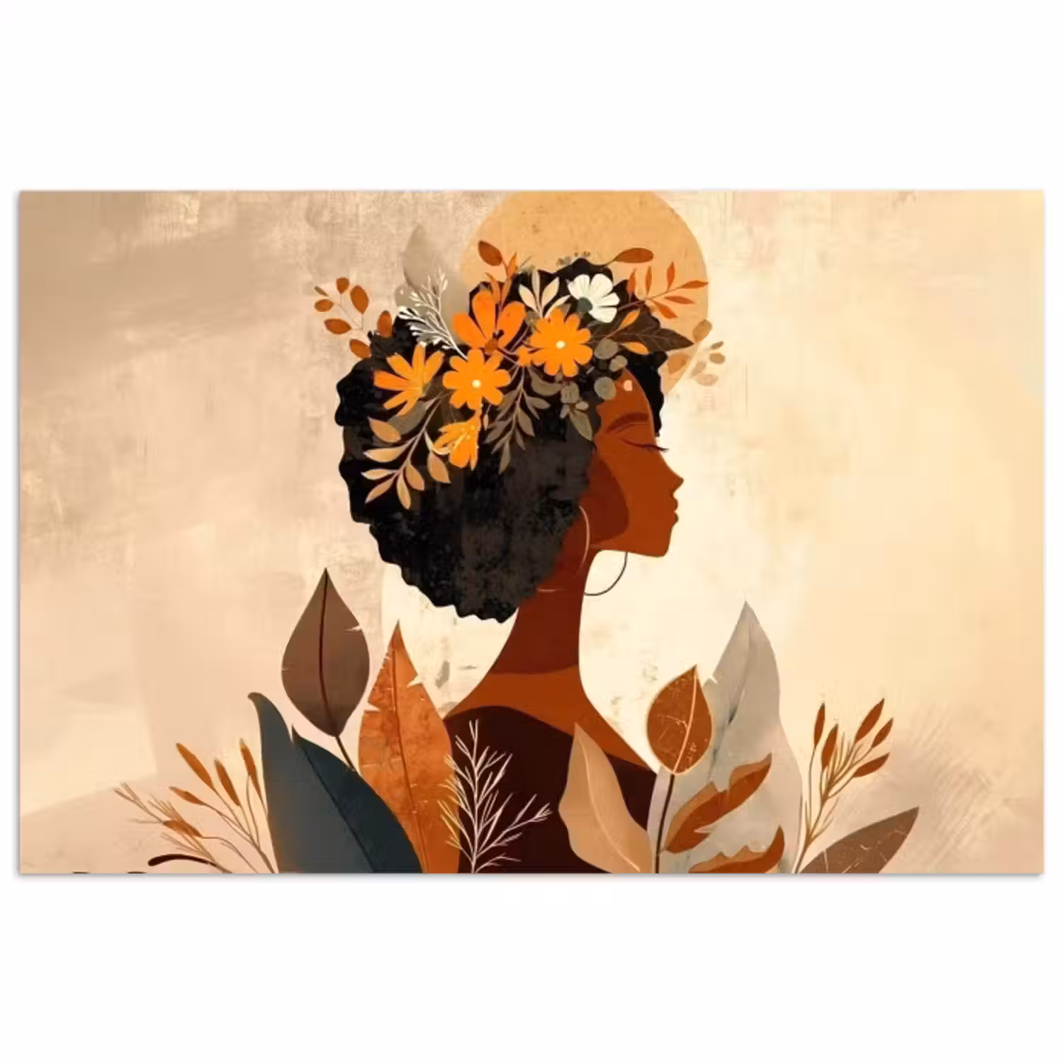 Poster – Vrouw - Krullen - Bloemen - Beige