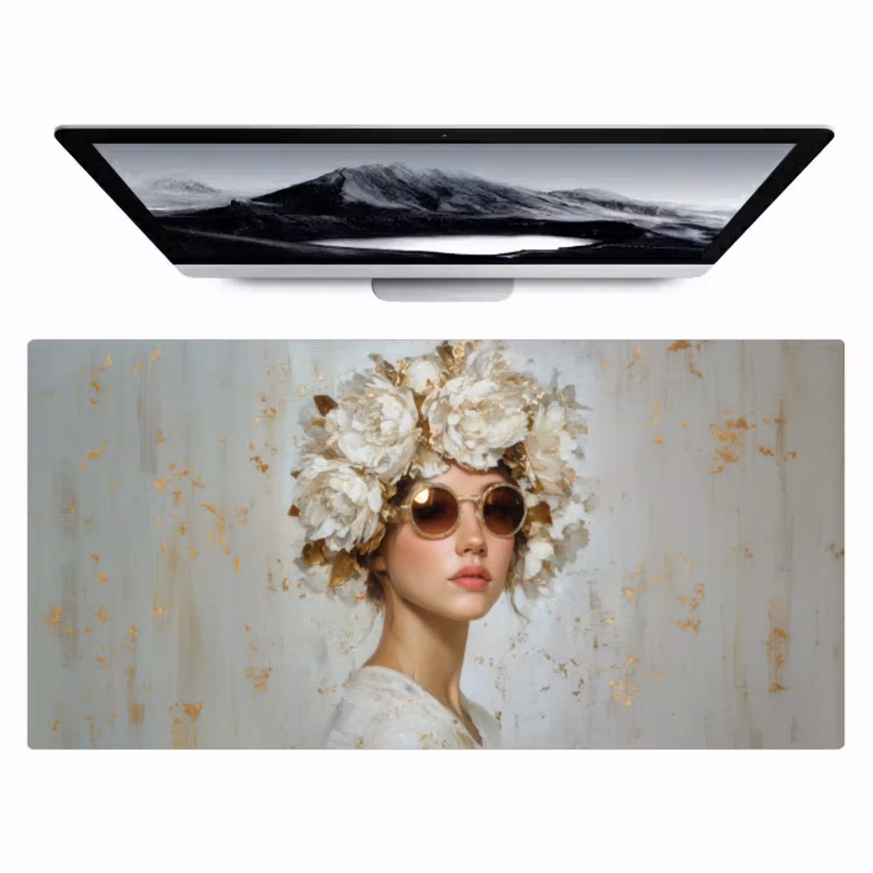 Schilderij - Vrouw - Zonnebril - Bloemenkrans Muismat XXL klein -zzz3d