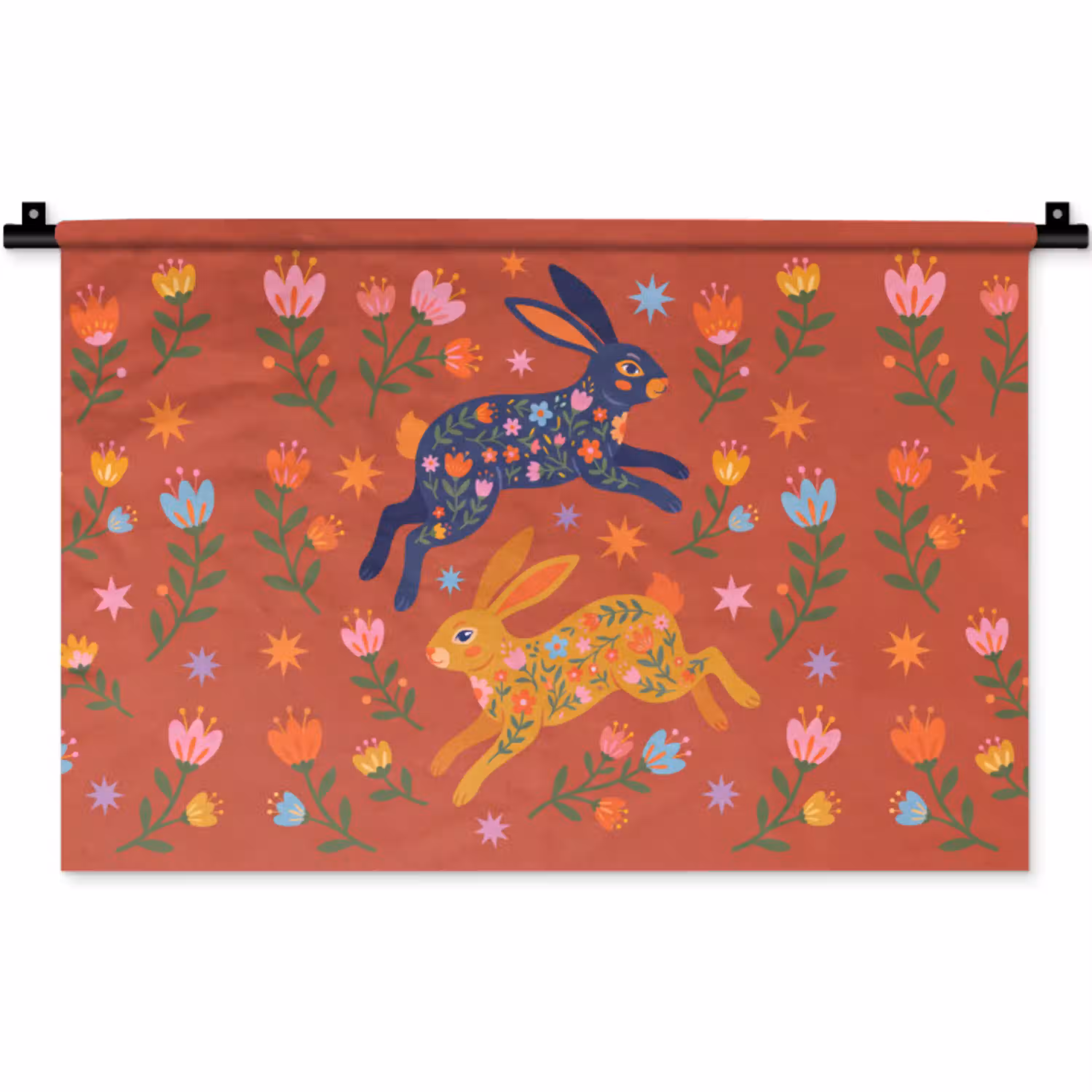 Konijn - Bloemen - Folk Art - Kleurrijk - Dieren Wandkleed katoen klein -zz3d