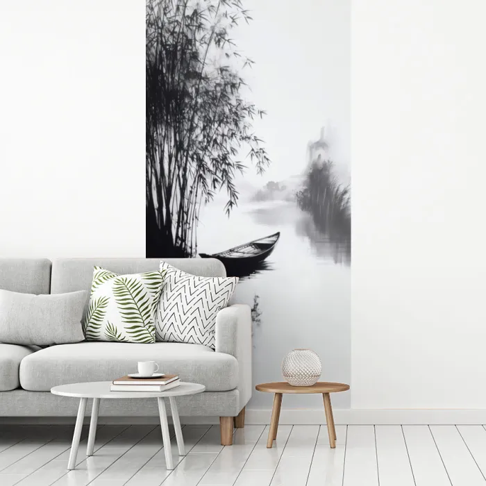 Boot - Rivier - Bamboe - Wit fotobehang vinyl groot -woonkamer