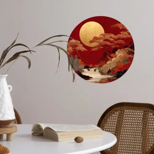 Volle maan - Landschap - Waterval Wandcirkel behangsticker klein -sfeer3