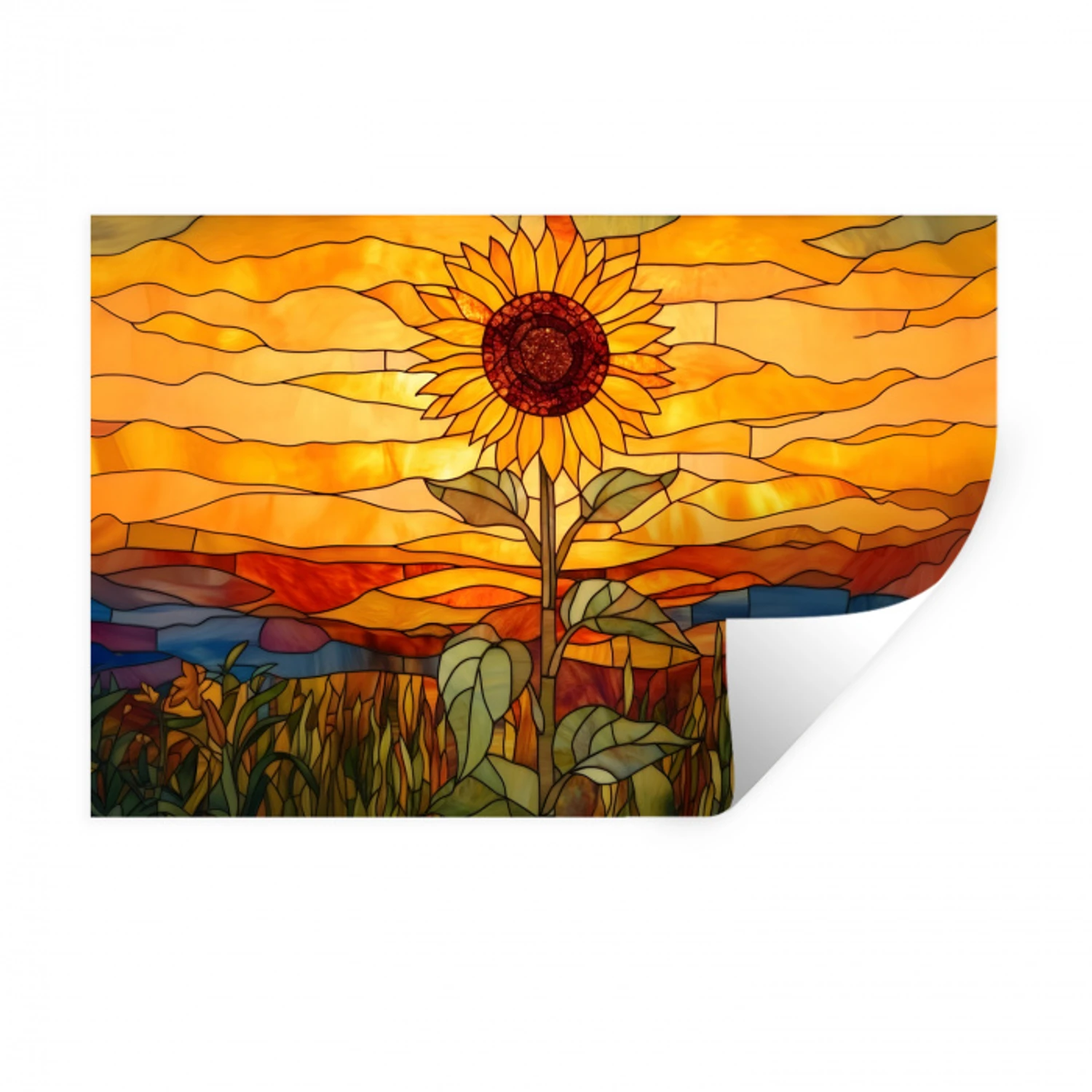 Zonnebloem - Mozaïek - Zonsondergang - Geel Muursticker klein -3d
