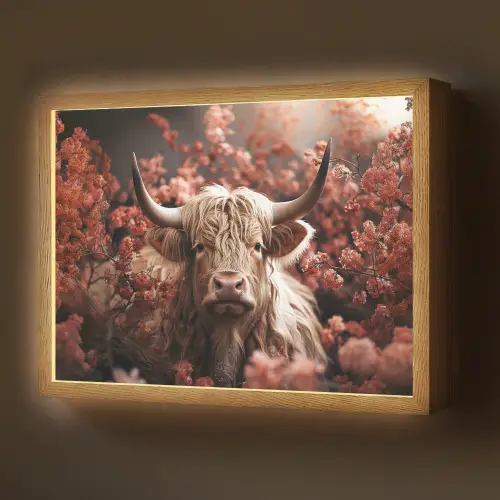 Schotse hooglander - Dier - Natuur - Bloemen - Botanisch Light Box met batterij (Wandlamp) middel -z3d_website