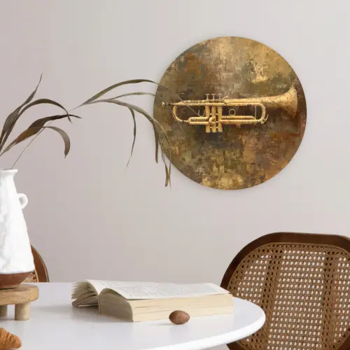 Trompet - Geel - Muzikaal Wandcirkel kunststof plaat 5mm dik klein -sfeer4