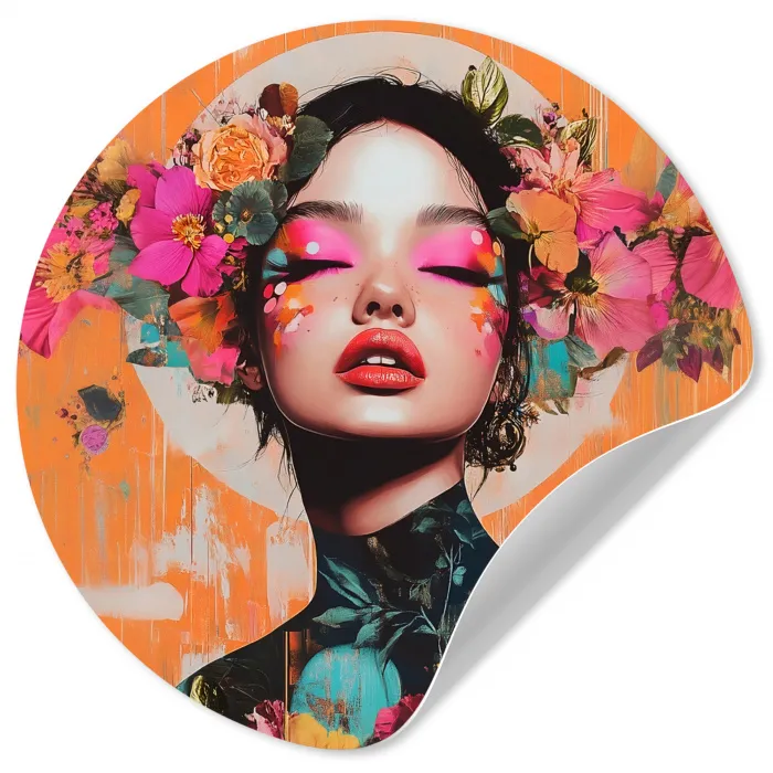 Portret - Vrouw - Abstract - Bloemen Wandcirkel behangsticker klein -3d