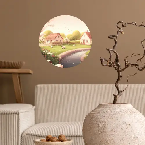 Schapen - Huisje - Platteland Wandcirkel behangsticker klein -sfeer1