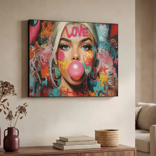 Vrouw - Kauwgom - Graffiti - Love Textielframe zwart klein -sfeer3