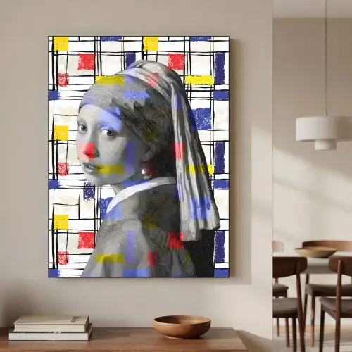Mondriaan - Meisje met de parel - Collage Textielframe zwart klein -sfeer2