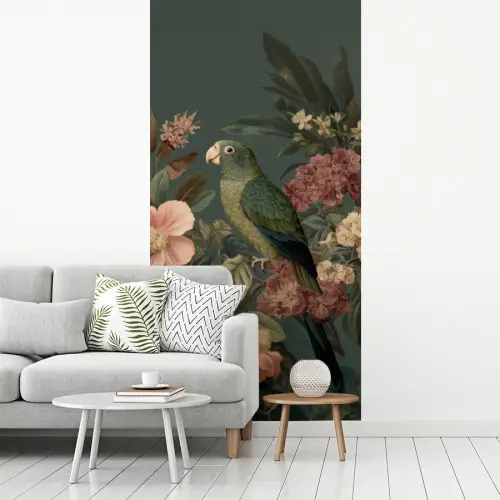 Groene papegaai - Kleurrijke bloemen - Donkere achtergrond fotobehang vinyl groot -woonkamer