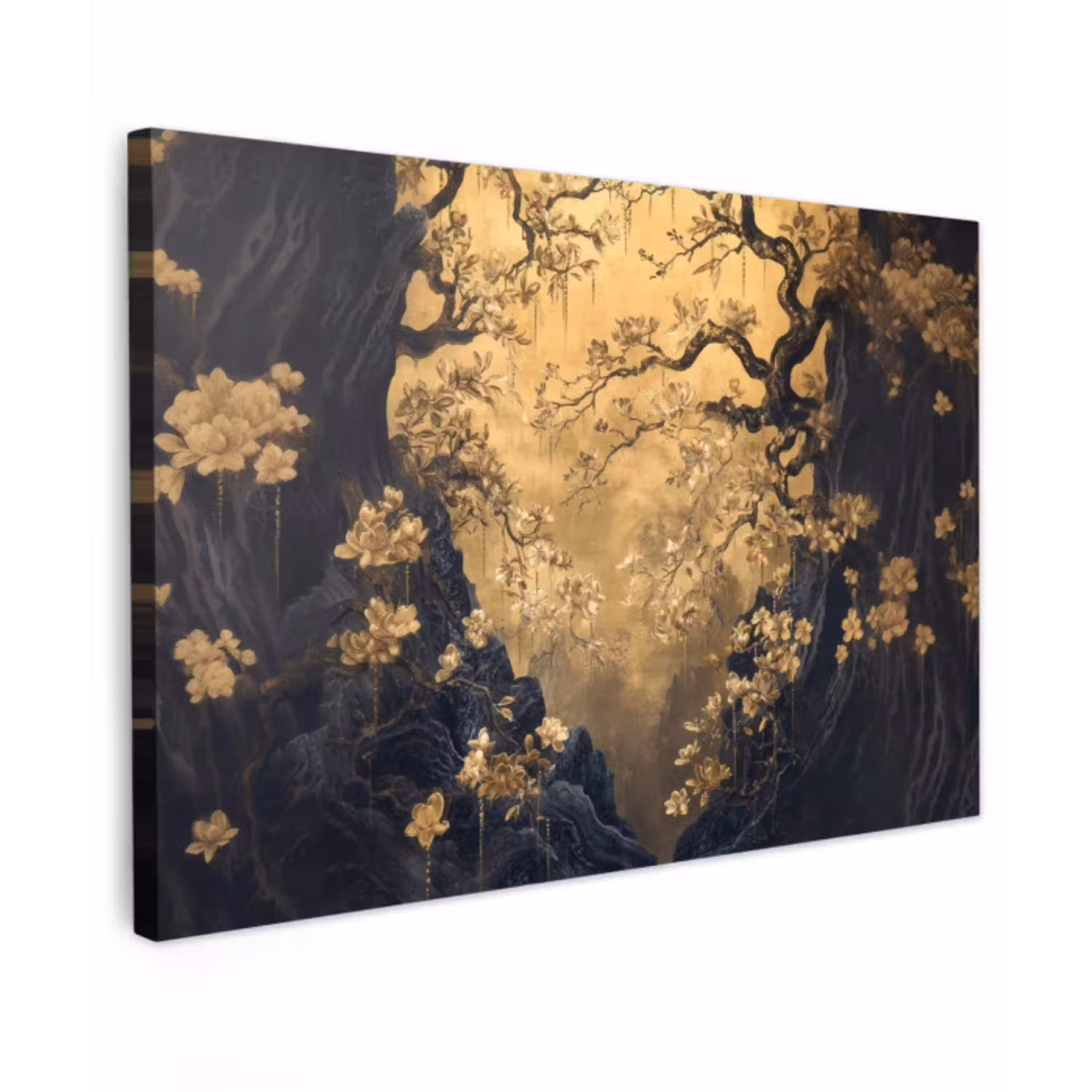 Bloemen - Takken - Goud - Sierlijk Tuinposter op houten frame 2 cm dik klein -3d