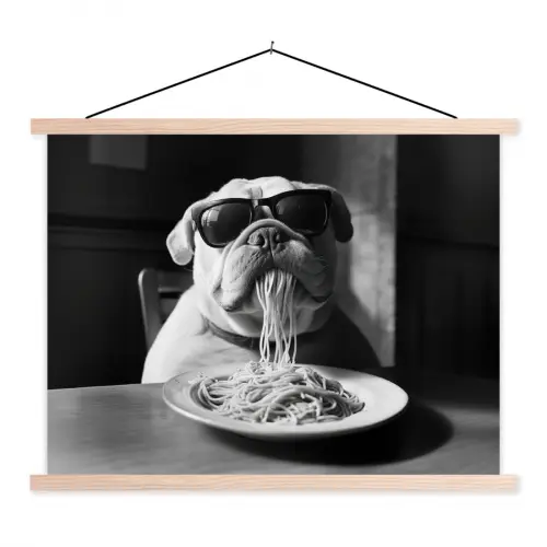 Hond - Bulldog - Pasta - Bril - Stoer - Dieren textielposter latten blank klein -3d