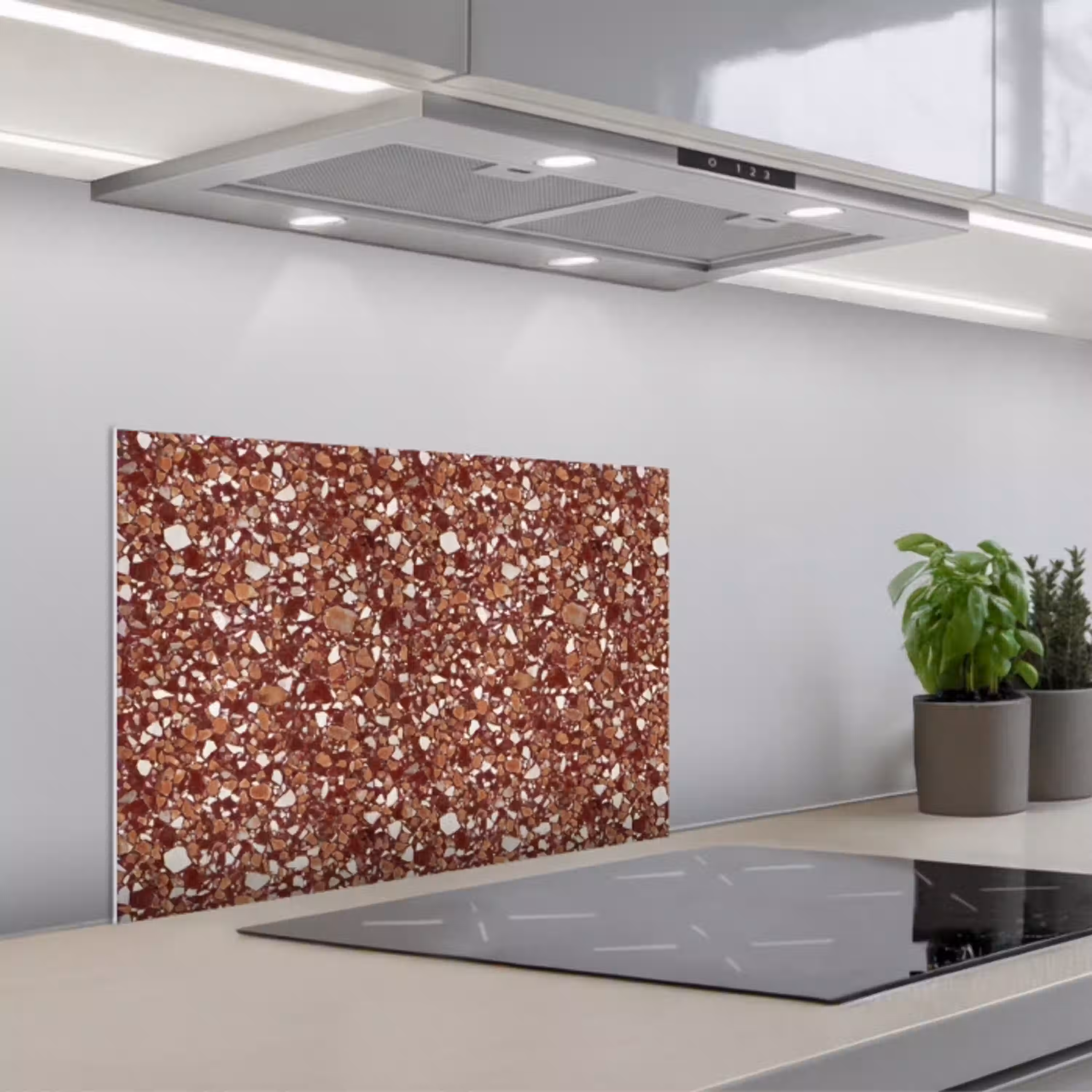 Terrazzo - Patroon - Steentextuur - Roodbruin keuken achterwand spatscherm klein 900 -3d_schuin