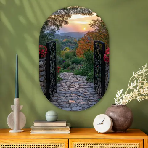 Landschap - Hek - Pad - Zonsondergang - Natuur Wandcirkel Ovaal Glas middel -sfeer2