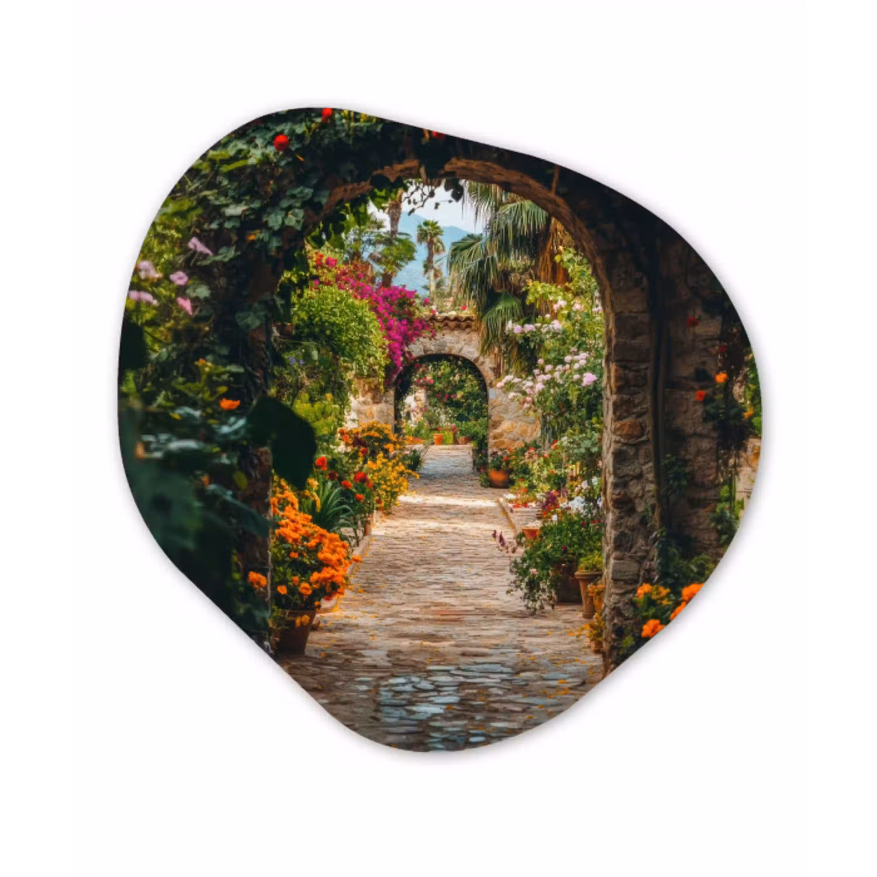 Doorkijk - Bloemen - Poort - Stenen Wandcirkel Organisch Aluminium middel -3d