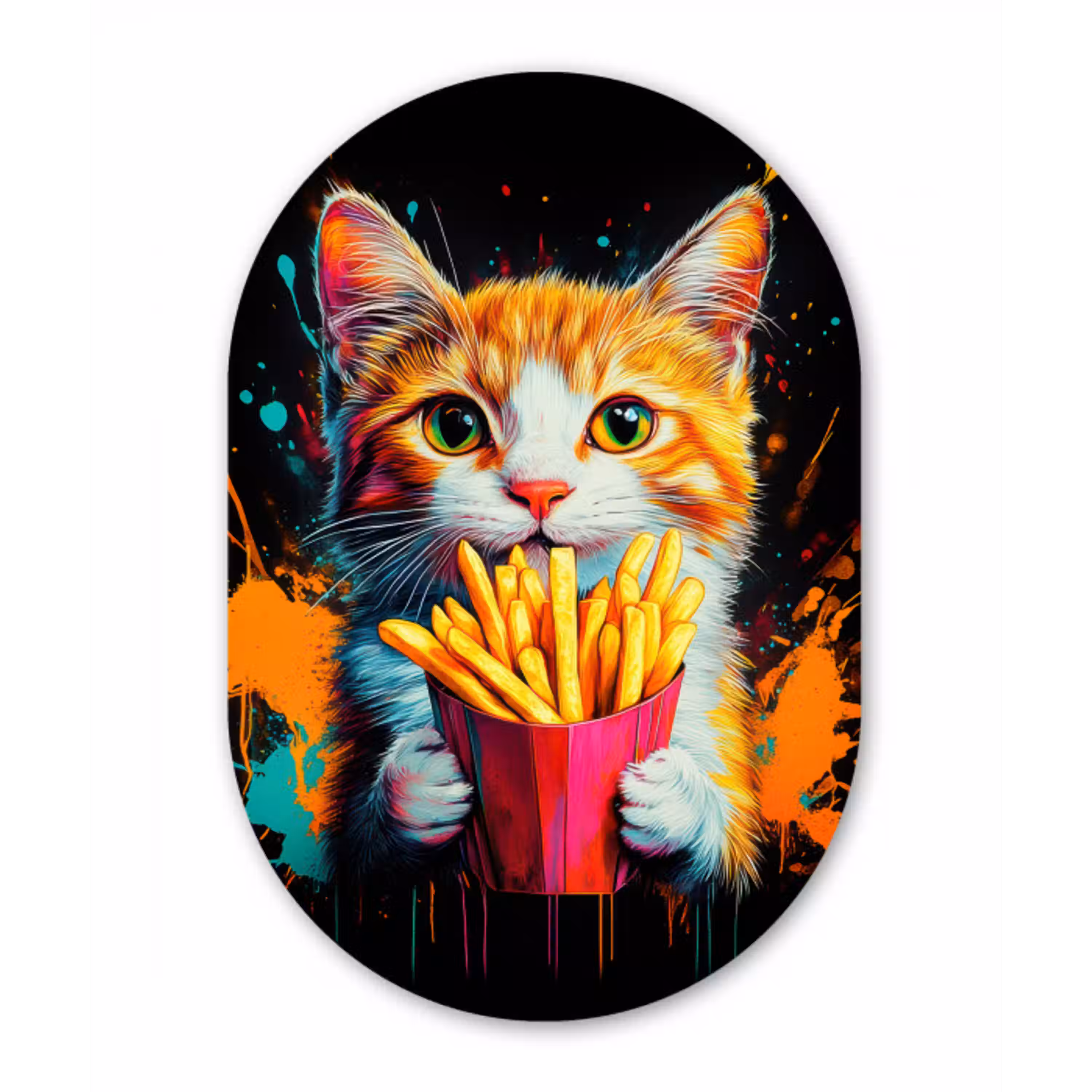 Kat - Eten - Patat - Graffiti - Abstract Wandcirkel Ovaal Aluminium middel -3d